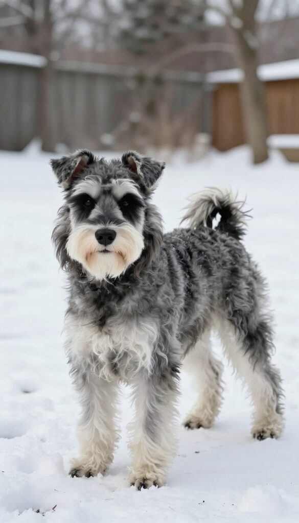 A Schnauzer with a warm winter haircut in a snowy yard, showcasing the practical trim that keeps the dog cozy and tidy during cold weather.