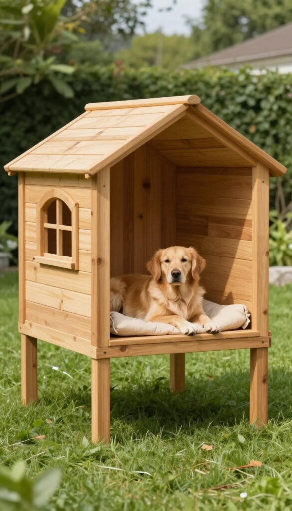 Elevated platform dog house with golden retriever lying on outdoor bed in sunny backyard