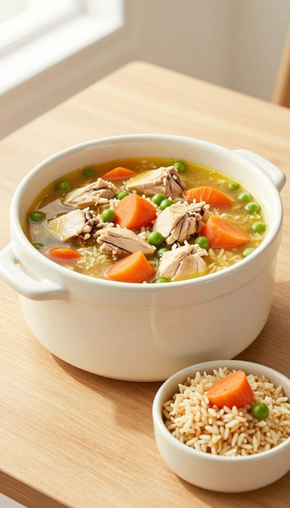 Crockpot chicken stew for dogs with chicken, carrots, peas, and brown rice in a slow cooker and a dog bowl.