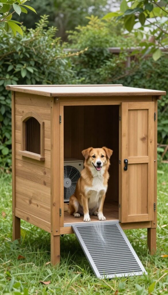 Elevated dog house with under-floor cooling system featuring a fan underneath and a metal grate floor, dog sitting on ramp.