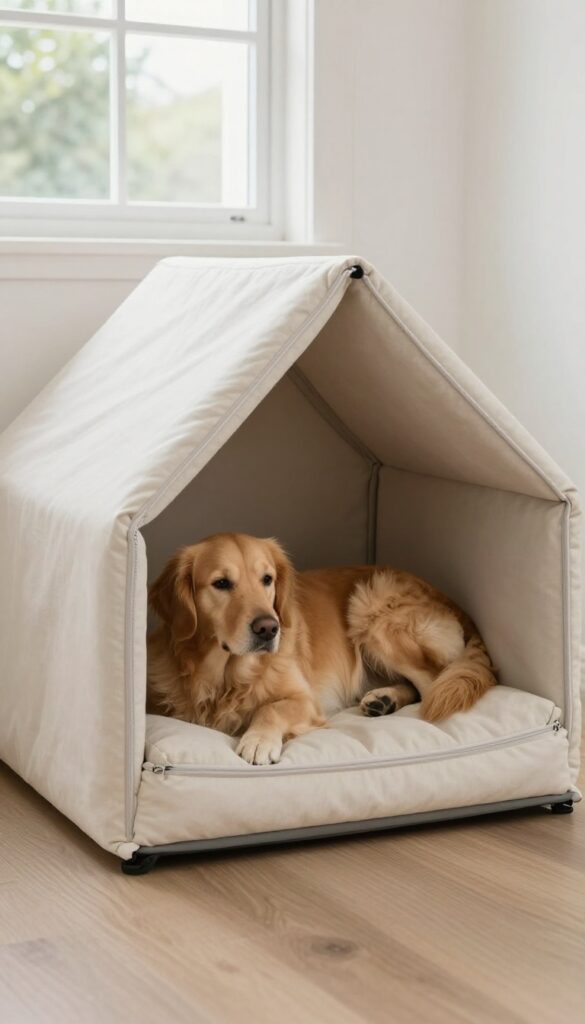 Dog resting on a clean removable cushion cover in a dog house