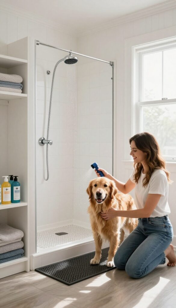 Mudroom dog wash station with tile shower pan and handheld sprayer, golden retriever being rinsed by owner.