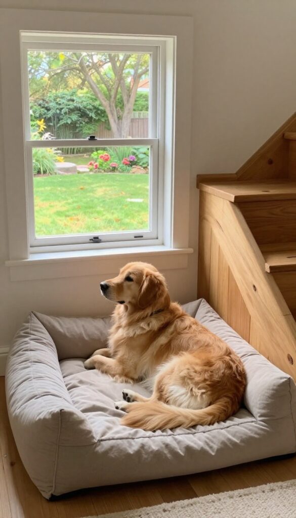 Cozy under-stairs dog nook with small window view, dog resting on bed looking outside