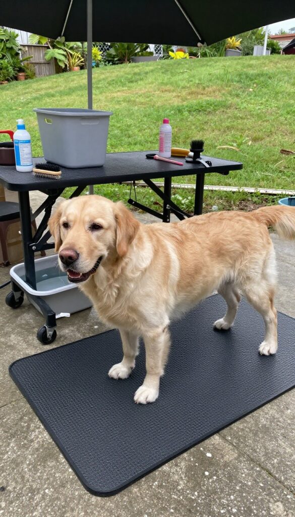 A realistic photo of an outdoor patio grooming corner for dogs in a small space, showing a shaded setup with a non-slip mat, portable table with grooming tools, storage bin, and a Labrador dog standing comfortably.