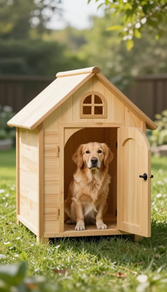 A climate-controlled dog house with a Golden Retriever peeking out, designed for extreme weather comfort.