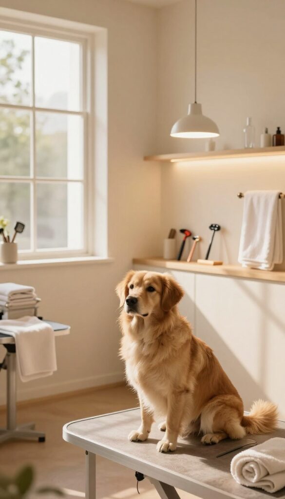 A calming dog grooming area with dimmable lighting to reduce stress during grooming sessions.