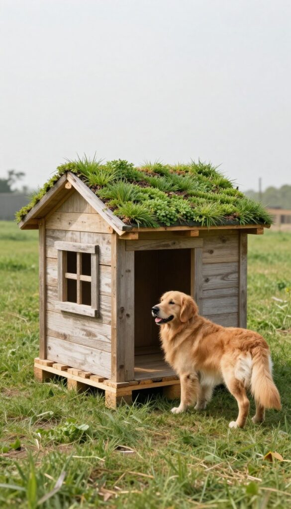 Pallet dog house with a green roof in a sunny backyard, with a golden retriever sitting beside it.