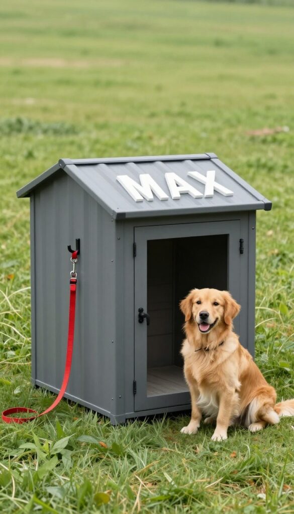 Custom metal dog house with dog's name laser-cut on front, dog sitting beside it in sunny backyard