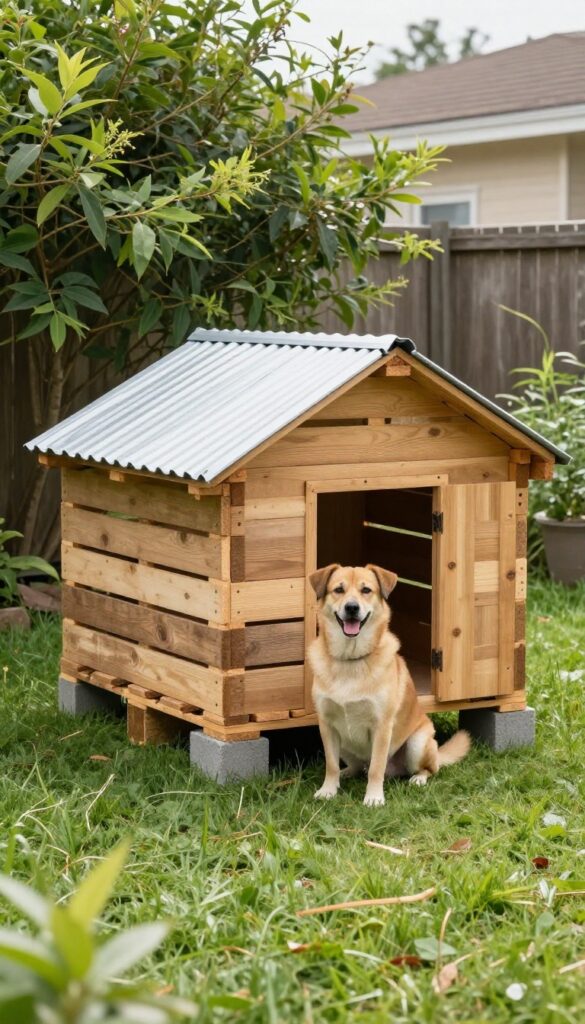 DIY pallet dog house in a sunny backyard with a dog sitting beside it