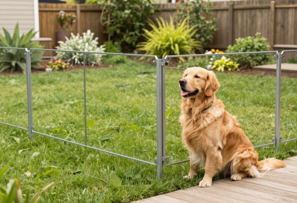 No-dig metal stake panel dog fence in a backyard with a golden retriever sitting beside it, showcasing easy installation without digging.
