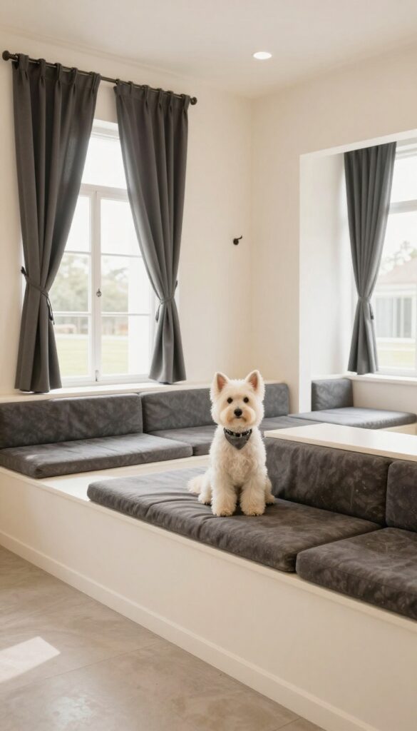 A bright, clean dog grooming salon interior featuring washable dark patterned cushions and curtains, illustrating practical pet-friendly decor ideas for easy maintenance.
