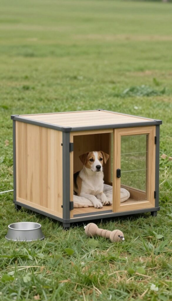 A custom luxury dog house in a backyard, showcasing modern design, raised floor, ventilation, and soft bedding, with natural lighting and clean composition for dog lifestyle inspiration.