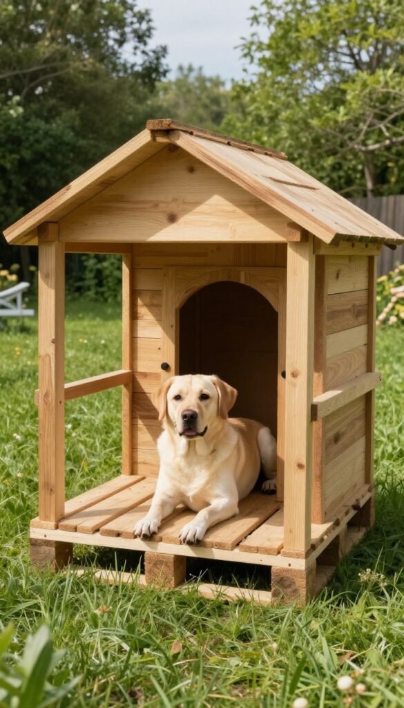 DIY pallet dog house with small porch in sunny backyard
