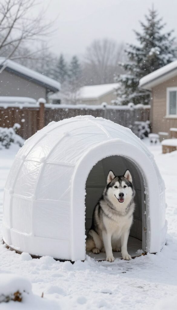 DIY insulated igloo dog house in snowy backyard with dog sitting nearby