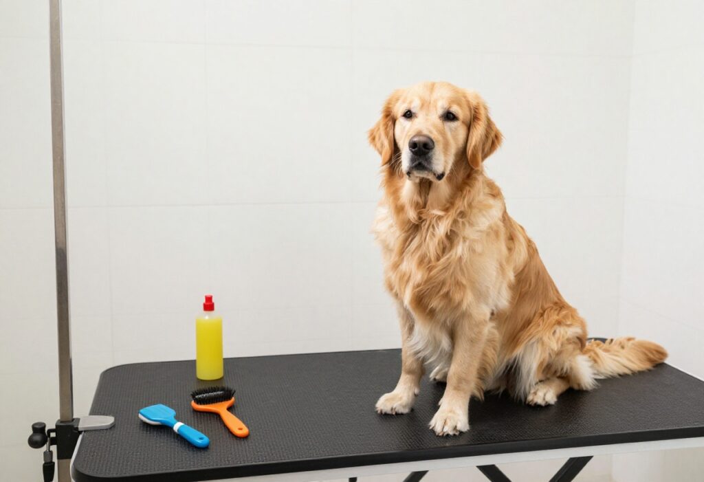 A calm dog sitting on a non-slip mat in a home grooming corner with brushes and supplies, showing a stress-free grooming environment.
