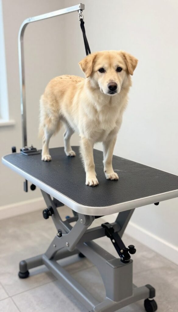 A dog grooming table with padded surface and non-slip mat in a cozy shop, showcasing comfort and safety for dogs during grooming.