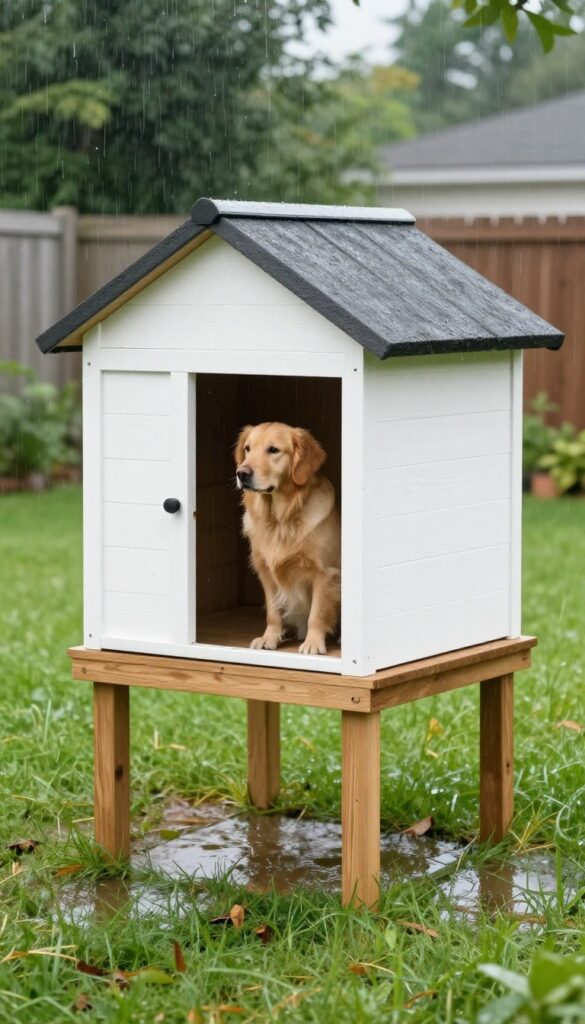 Raised platform dog house keeping a golden retriever dry in a rainy backyard
