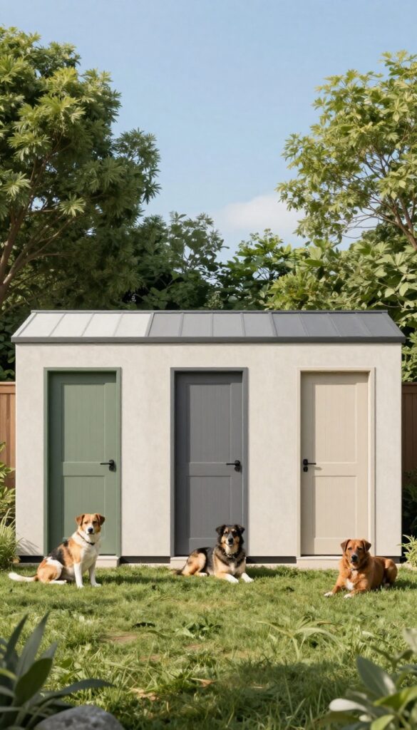 Modern minimalist triplex dog house with three compartments in a sunny backyard, each with a different muted door color and small window.