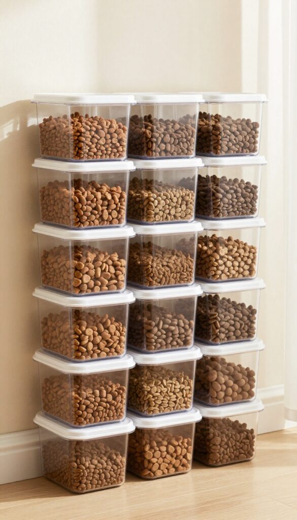 A photorealistic image showing stackable clear containers in a pantry corner, organized as a dog food storage station with kibble visible, designed for small homes to reduce clutter and keep food fresh.