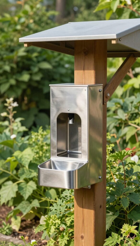A weatherproof stainless steel dog food dispenser set up on a sunny patio with a covered awning, ideal for easy outdoor feeding in yards or gardens.