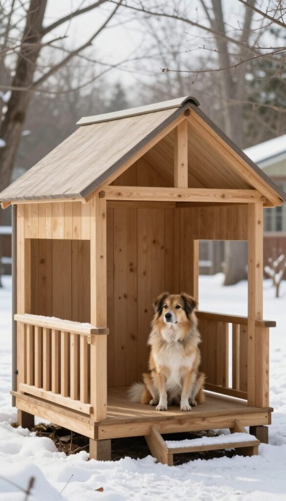 Insulated dog house with porch in snowy backyard