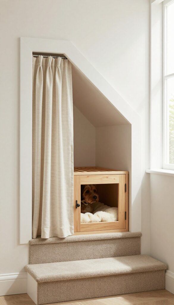 Cozy under-stairs dog nook with integrated crate and door