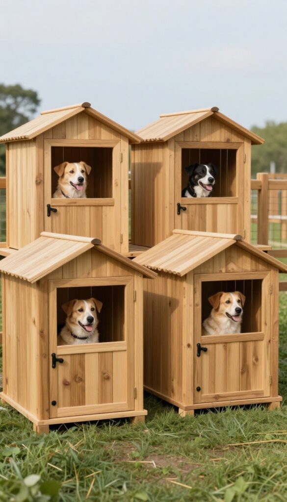 Multi-dog kennel with separate compartments in a sunny side yard