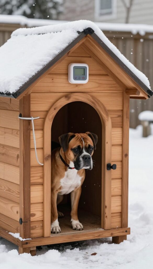 Heated dog house with thermostat control in snow, Boxer dog peeking out