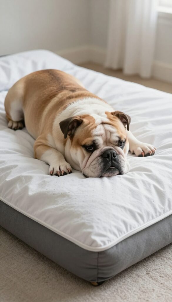 A dog resting on an absorbent bed to help prevent mouth stains