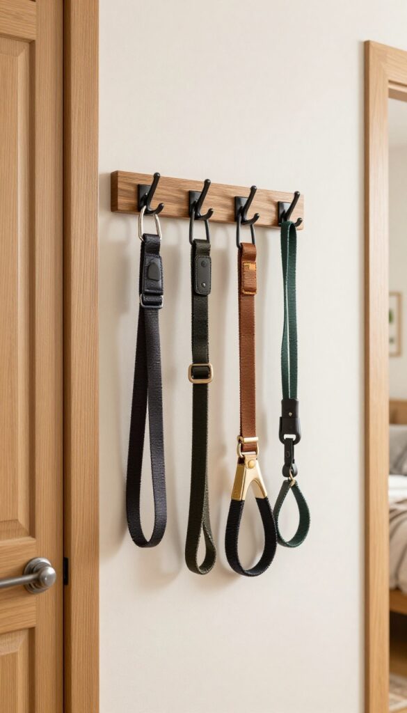 A wall-mounted leash and collar organizer in a bright entryway, showing neatly hung dog accessories for easy access during walks.