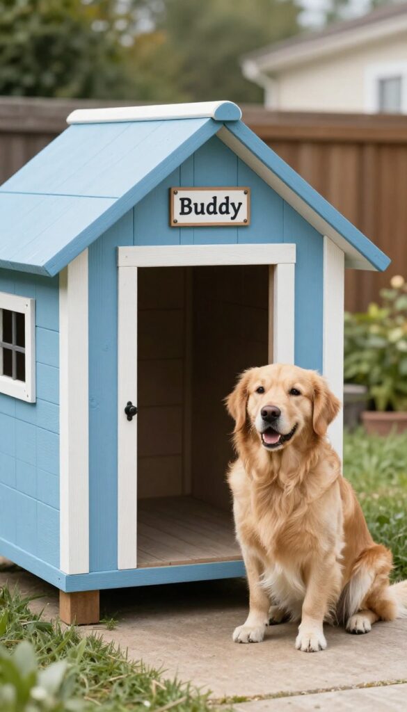 Cozy personalized wooden dog house with name plaque and blue paint in sunny backyard with golden retriever