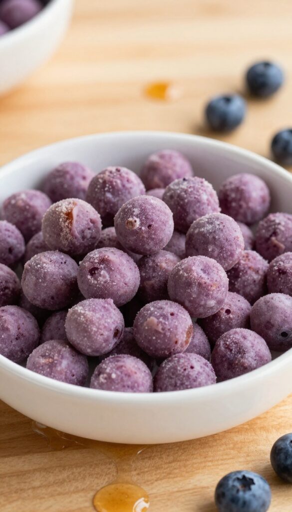 A bowl of frozen yogurt berry bites for dogs, with blueberries and honey, on a wooden surface in natural light.