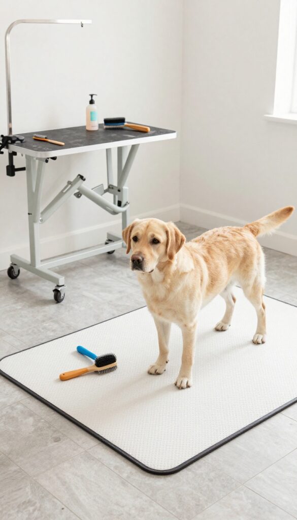 A dog standing securely on non-slip rubber mats at a grooming station in a bright, cozy room, showcasing practical decor for safe pet grooming.