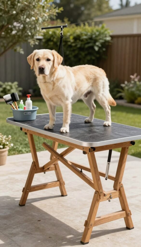 Outdoor dog grooming table with weather-resistant top and Labrador on patio in natural light