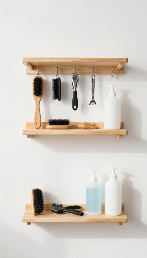 A tidy wall-mounted storage setup for dog grooming tools in a small, well-lit space, featuring shelves and hooks with brushes and supplies organized vertically.