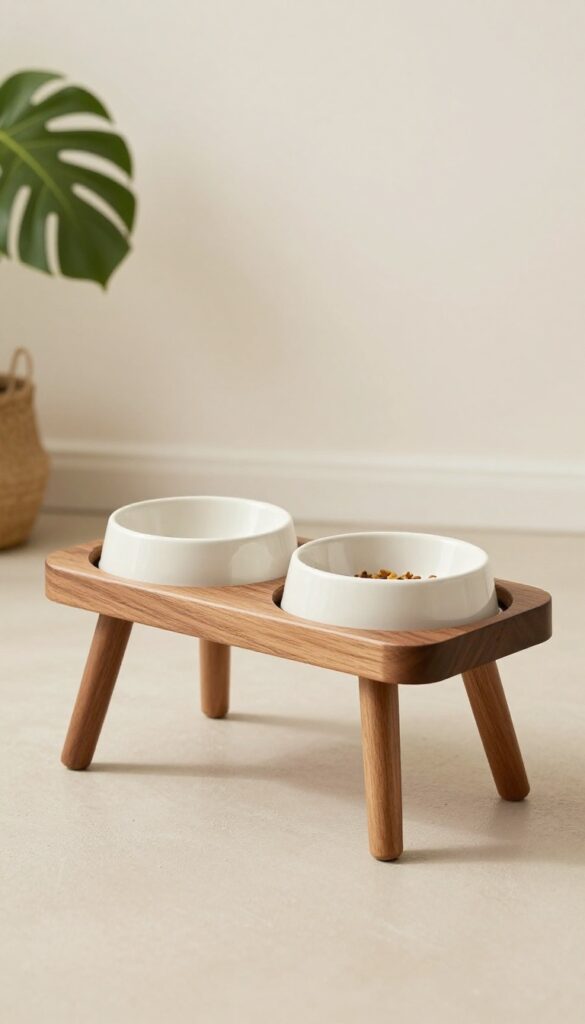 A mid-century modern dog feeder with tapered wooden legs and built-in storage, featuring elevated ceramic bowls in a bright, tidy room setting.