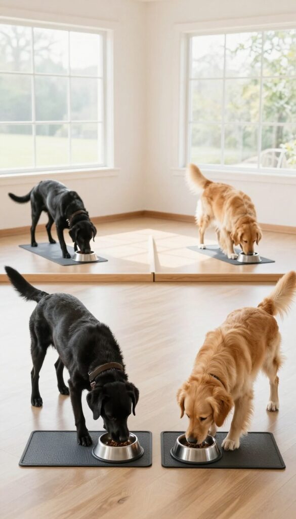 Two dogs eating peacefully at separate feeding stations with dividers in a bright, clean room.
