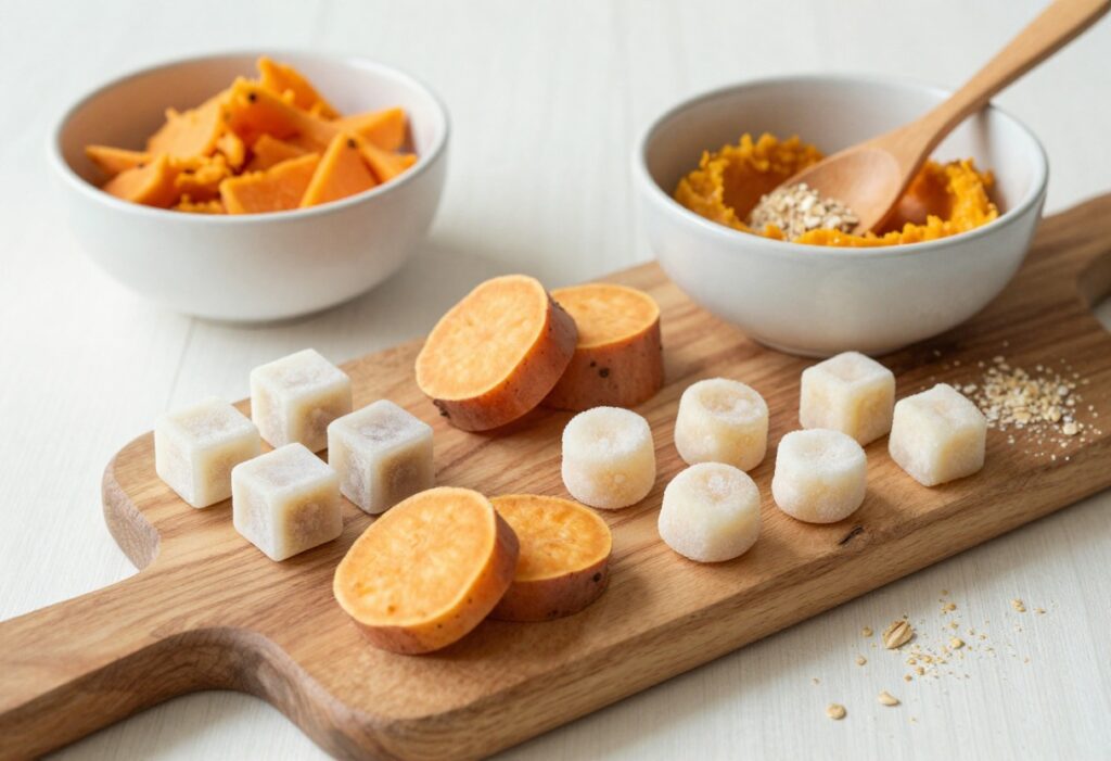 A variety of homemade sweet potato dog treats, including soft bites and frozen snacks, arranged on a wooden board with a bowl of mashed sweet potato, in a bright, clean setting for a dog recipe blog.