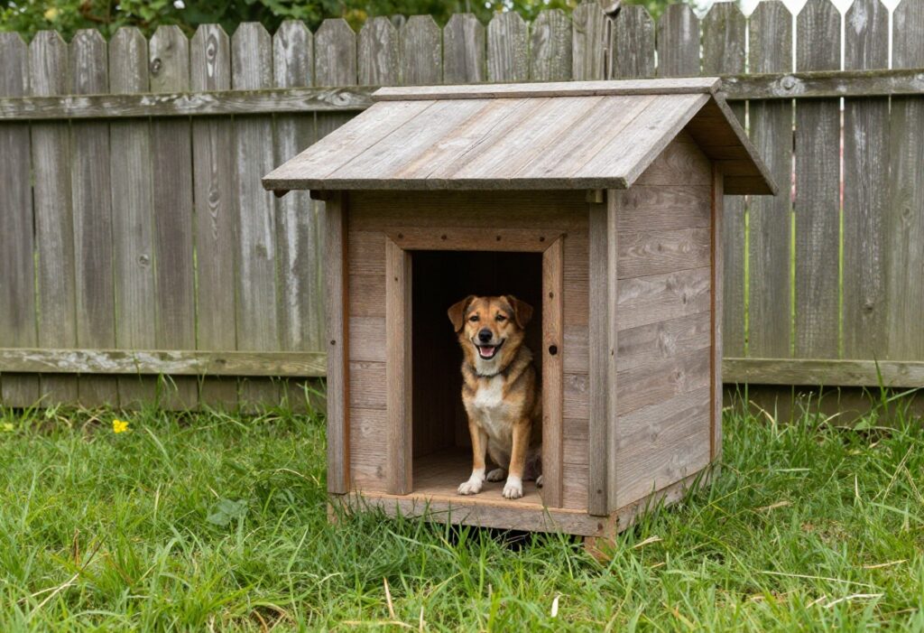 Dog sitting on the porch of a wooden dog house in a sunny backyard