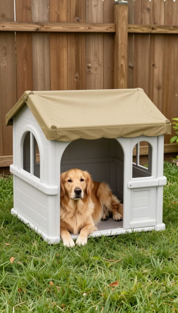 Plastic dog house with snap-on canopy in backyard, dog lounging under shade