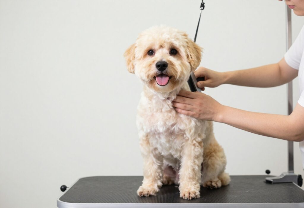 A professional dog groomer brushing a content dog on a grooming table in a clean salon.