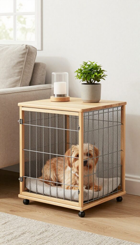 Dog crate disguised as an end table with furniture cover, mesh windows, lamp and plant on top, small dog resting inside