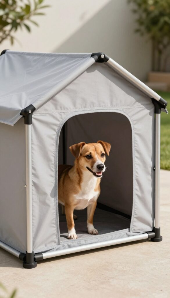 Portable pop-up dog house in backyard with dog peeking out