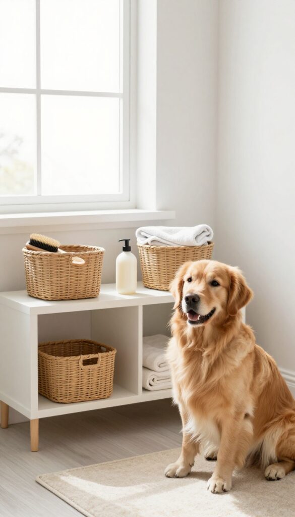 A dedicated grooming corner with baskets holding dog supplies and a golden retriever sitting nearby