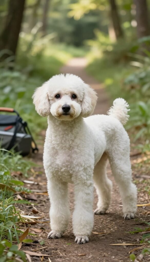 A poodle with a short Sporting Clip grooming style in an outdoor setting, showcasing practicality for active owners.