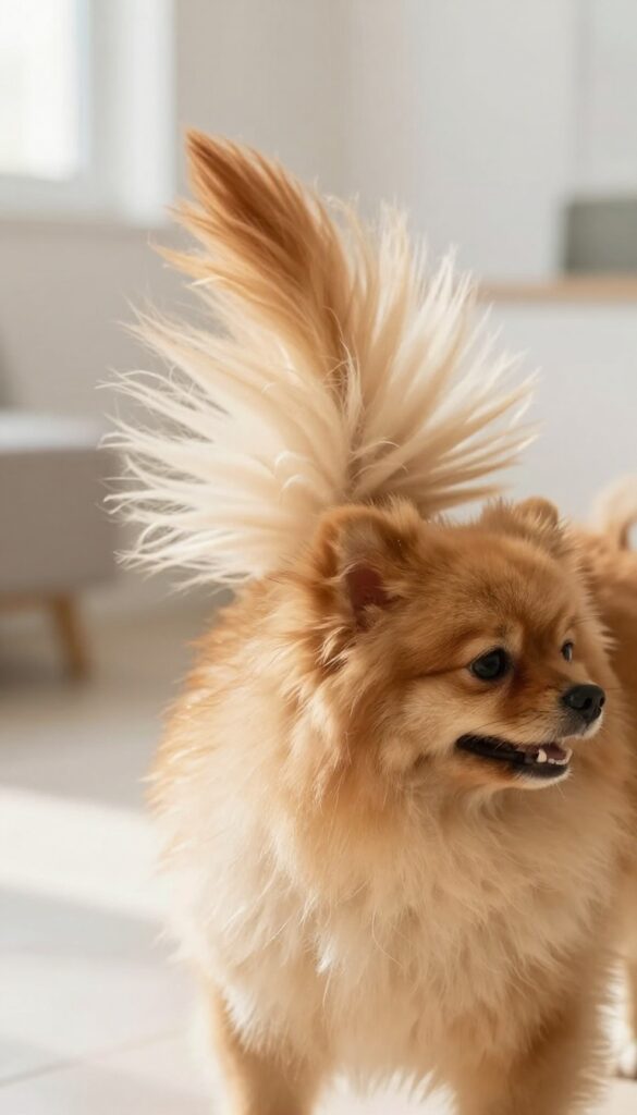 A fluffy-tailed dog wagging its tail in natural light, highlighting the playful grooming style for a cute and expressive look.