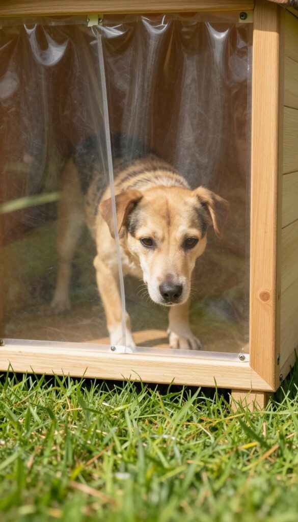 Dog pushing through clear vinyl curtain with magnetic strips on dog house entrance