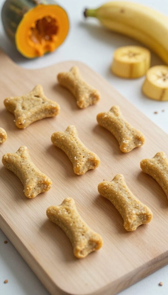 Homemade banana pumpkin soft chews for dogs, arranged on a wooden board with natural ingredients, ideal for sensitive stomachs and older pets.