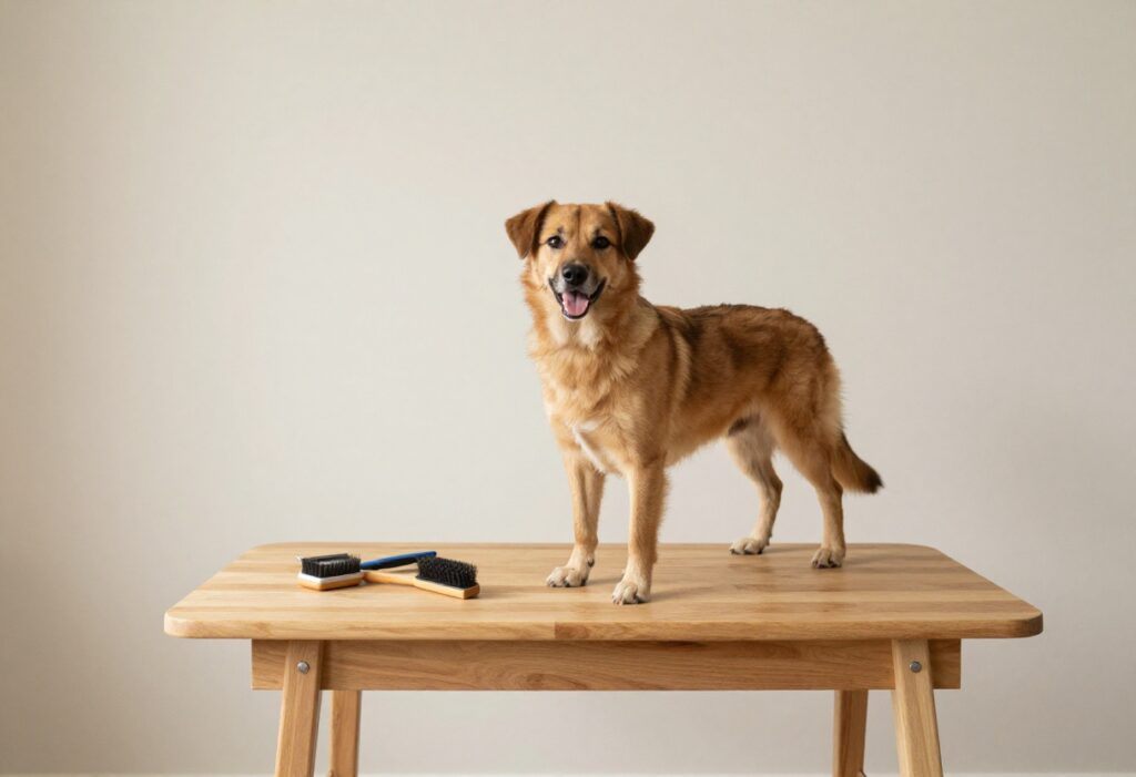 A dog on a DIY wooden grooming table in a home setting, with grooming tools nearby.