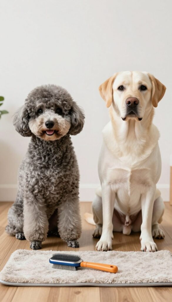 A photorealistic image showing two dogs with different coat types—a poodle and a short-haired dog—alongside grooming tools like a slicker brush and rubber mitt, set in bright natural light to highlight breed-specific grooming needs for dog owners.